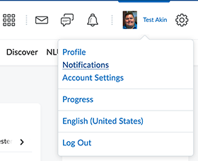 Access the personal menu by clicking on your name displayed in the upper right of your screen while on home page or in most course pages.