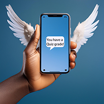 A text message about a quiz grade is flying away.