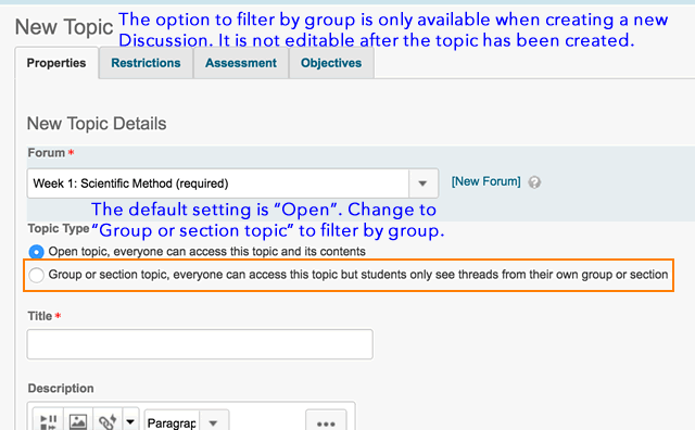 There is a 'Topic Type' heading, with a choice for an open topic, everyone can access' or 'Group or section topic'.