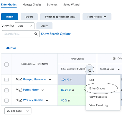 On the Enter Grades page, the action menu on the Grade column has an action menu with Enter Grades as the second option.