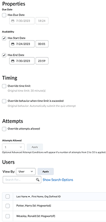 Special access options are available for dates, timing and timing parameters, and attempts allowed.