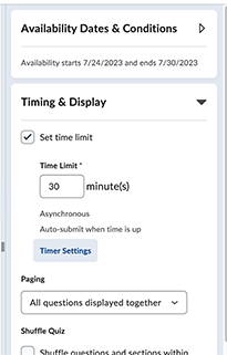 In the example, the time limit is displayed as 30 minutes. There is a link for Edit Timer Settings