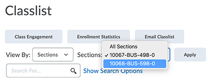 Drop-down selection menu in Classlist tool when a crosslisted course is viewed by sections.