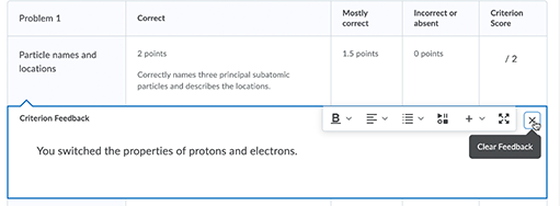 Criterion feedback window toolbar buttons include an x, which has the action, Clear Feedback.